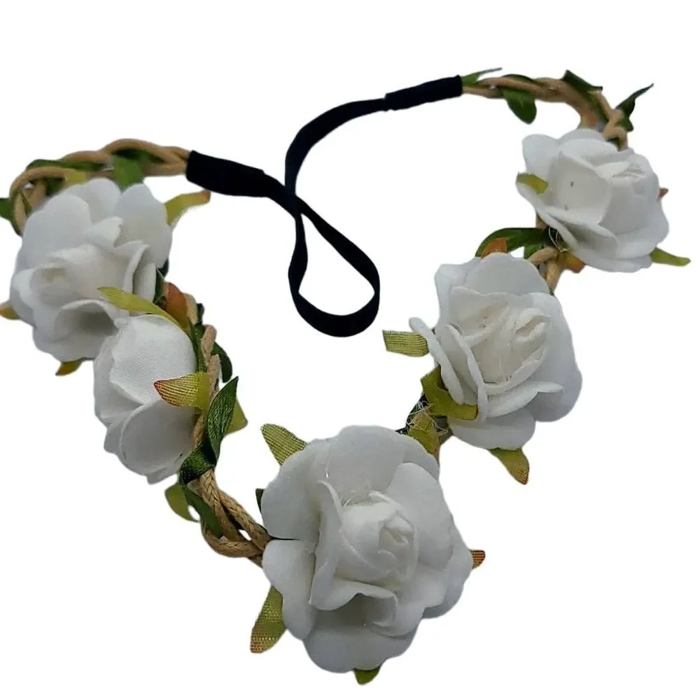 White Rose Halo Boho Fairy Rustic Wedding Flower Girl Bride Flower Headband